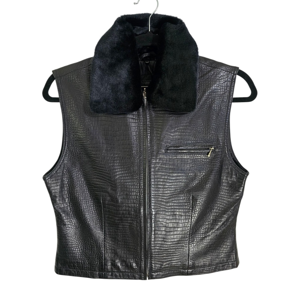Saguaro Black Genuine Leather Crocodile Embossed Vest Faux Fur Collar Small